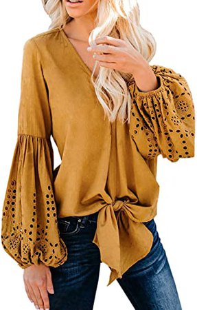 Amazon.com: Asvivid Womens Casual V Neck Balloon Long Sleeve Tops Hollow Out Tie Knot Blouses Oversized Solid Office Ladies Shirts S Green: Clothing