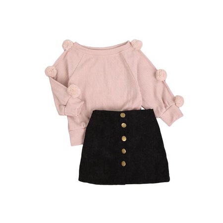 Kids Toddler Baby Girl Fall Outfit Long Sleeve Pompom Knitted Shirt Sweater Top Button Skirt Set - Walmart.com