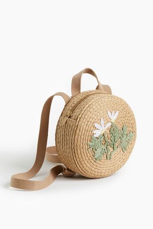 Round Paper Straw Backpack - Beige/flowers - Kids | H&M US
