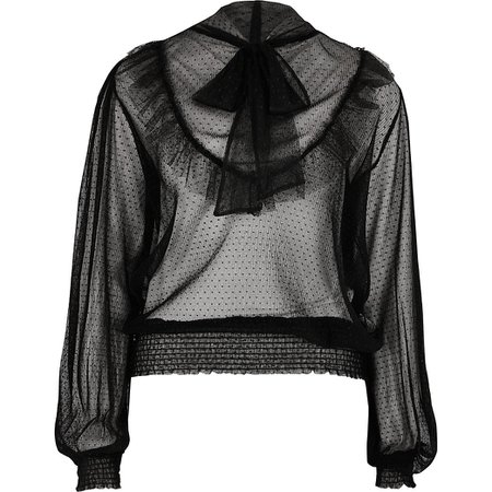 Black sheer mesh tie neck frill blouse | River Island