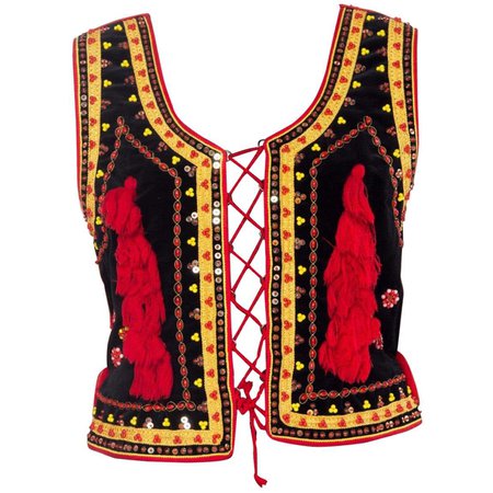 1970S Black Cotton Velvet Eastern European Lace-Up Front Top With Red and Gold Be For Sale at 1stDibs