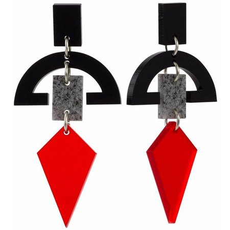 Black Stone Half Moon & Red Diamond Hanging Earrings