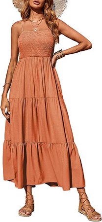 PRETTYGARDEN Women's Summer Maxi Dress Casual Boho Sleeveless Spaghetti Strap Smocked Tiered Long Beach Sun Dresses Khaki at Amazon Women’s Clothing store