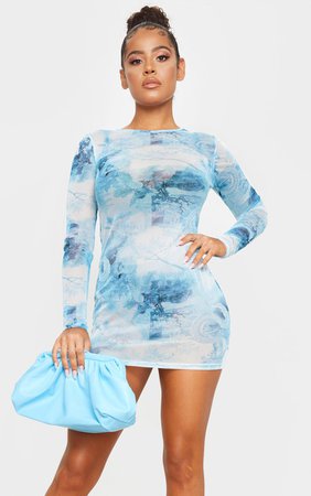Blue Oriental Print Mesh Bodycon Dress | PrettyLittleThing