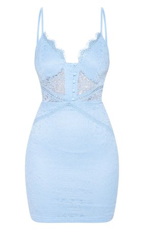 Dusty Blue Lace Button Detail Bodycon Dress | PrettyLittleThing