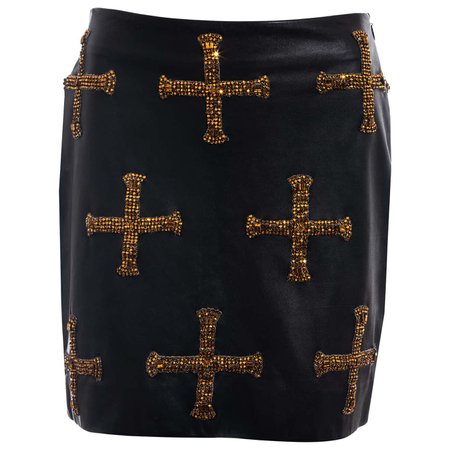 Atelier Versace black leather mini skirt with gold embellished crosses, fw 1997 For Sale at 1stDibs
