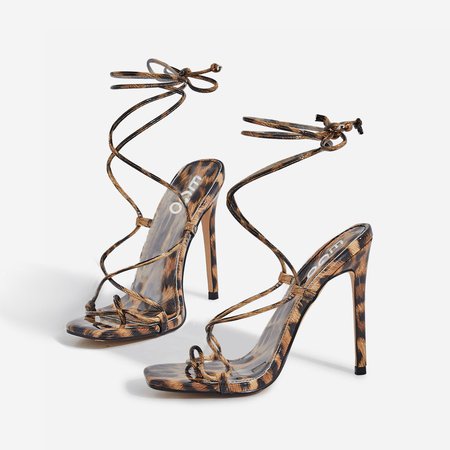 Paris Square Toe Lace Up Heel In Tan Leopard Print Patent | EGO