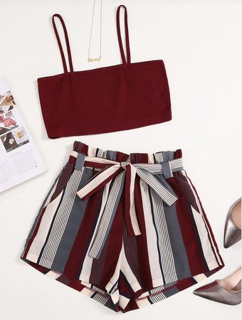 Cami Top & Striped Paper Bag Waist Belted Shorts Shein.com (mchelsd29)