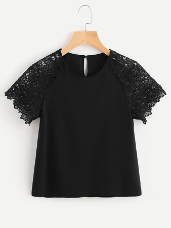 Buttoned Keyhole Back Floral Lace Raglan Sleeve Top