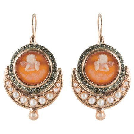 Italian Angel Cameo Pearls Vermeil Drop Earrings For Sale at 1stDibs