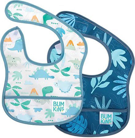 Amazon.com: Bumkins Starter Bib, Baby Bib Infant, Waterproof Fabric, Fits Infants and Babies 3-9 Months – Dinosaurs, Blue Tropic (2-Pack) : Baby