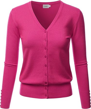 LALABEE Women's V-Neck Long Sleeve Button Down Sweater Cardigan Soft Knit-HOTPINK-M at Amazon Women’s Clothing store
