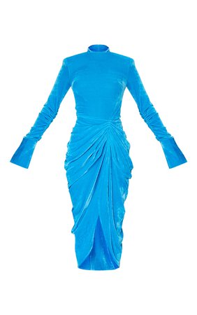 Bright Blue Split Sleeve Velvet Draped Midi Dress | PrettyLittleThing USA