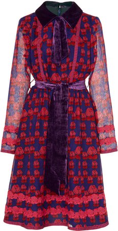 Velvet-Trimmed Rosette Chiffon Dress