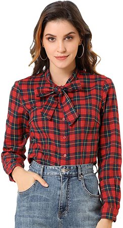 Allegra K Women's Plaid Tie Neck Button Down Long Sleeves Shirt Blouse X-Large Red at Amazon Women’s Clothing store