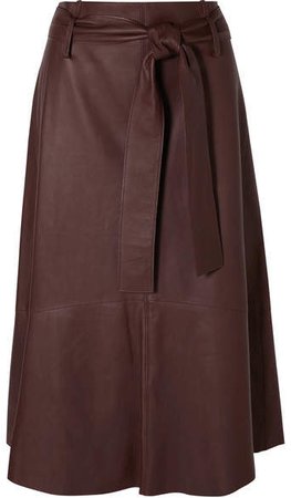 Belted Leather Midi Skirt - Brown