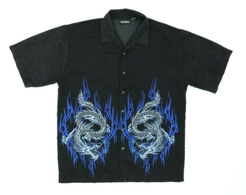 VTG 90s Odo Men XL 51" Sparkle Dragon Short Sleeve Button Shirt Bowl Rockabilly | eBay