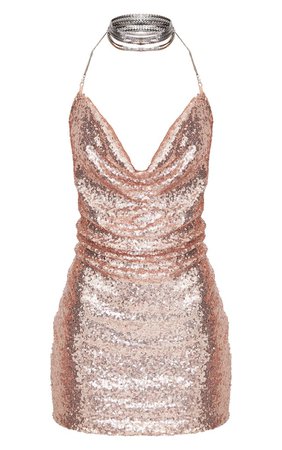 Rose Gold Sequin Chain Choker Mini Dress | PrettyLittleThing USA