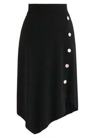 Shell Buttons Trim Asymmetric Knit Skirt in Black - Skirt - BOTTOMS - Retro, Indie and Unique Fashion