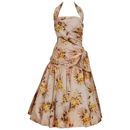 1950's Marigold Floral Print Rayon Ruched Halter Bow Circle-Skirt Dress and Bolero For Sale at 1stdibs