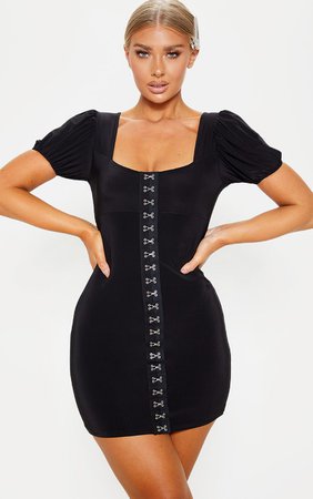 Black Slinky Hook & Eye Puff Sleeve Bodycon Dress | PrettyLittleThing