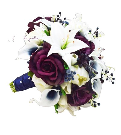 White Tiger Lilies Plum Roses Navy Callas - Bridal or Bridesmaid Bouquet
