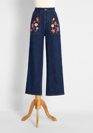 ModCloth x Princess Highway Embroidered Floral Wide-Leg Jeans Denim | ModCloth