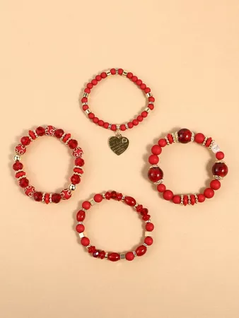 4pcs Heart Charm Beaded Bracelet | SHEIN USA