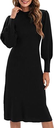 XISOXU Women Midi Sweater Dress Lantern Sleeve Long Rib Knit Crew Neck Casual Sexy Wrap Dresses Pullover at Amazon Women’s Clothing store