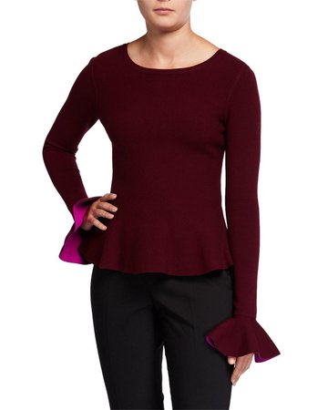 Milly Contrast Knit Long-Sleeve Flare Top | Neiman Marcus