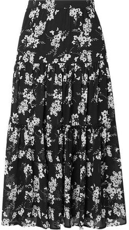 Tiered Floral-print Chiffon Skirt - Black