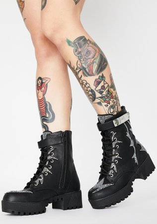 Rhinestone Heeled Combat Boots - Black | Dolls Kill