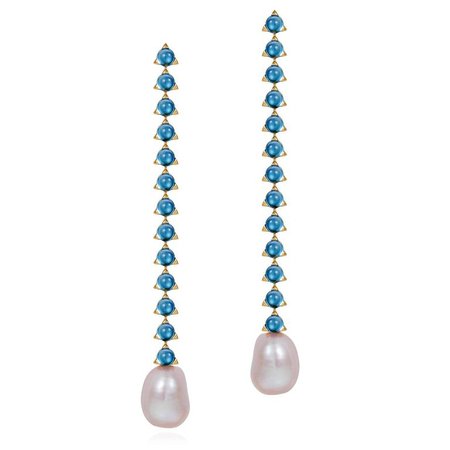 Modern 13 stone 4mm Baroque Pearl Earring in 18k yellow gold, London Blue Topaz For Sale at 1stdibs