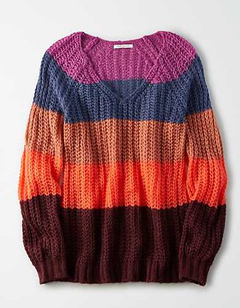 AE Striped V-Neck Oversized Sweater purple, blue, orange