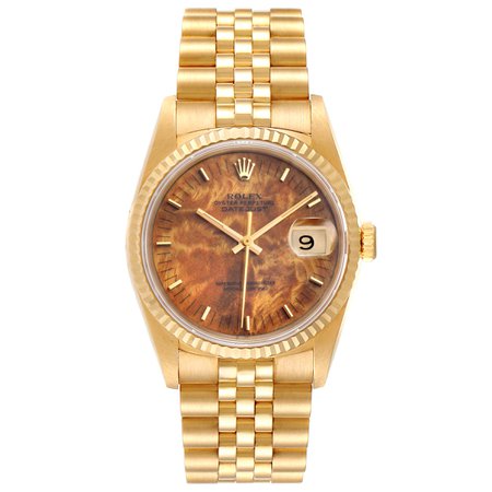 Rolex Date 18k Yellow Gold Burl Wood Dial Mens Watch 16238 Box Papers | SwissWatchExpo