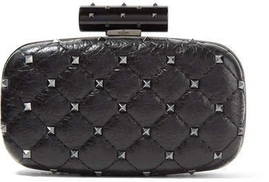 Garavani The Rockstud Spike Quilted Cracked-leather Clutch - Black