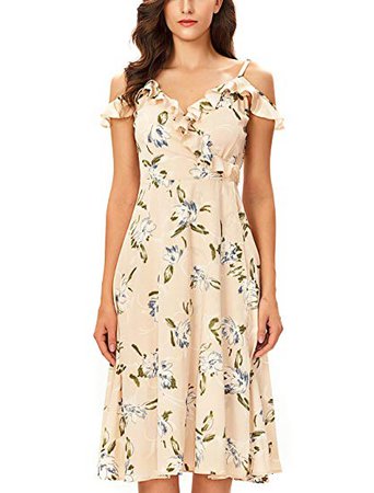 Noctflos Women's Summer Floral Cold Shoulder Midi Dress for Casual Cocktail Wedding Guest at Amazon Women’s Clothing store: