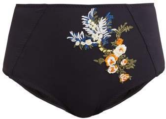 High Rise Floral Garland Embroidered Bikini Briefs - Womens - Navy Multi