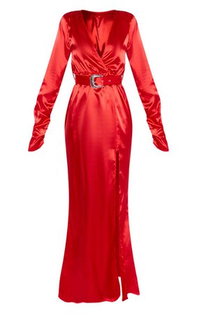 Red Satin Shoulder Pad Detail Belted Maxi Dress | PrettyLittleThing USA