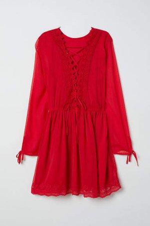 Chiffon Dress with Lace - Red