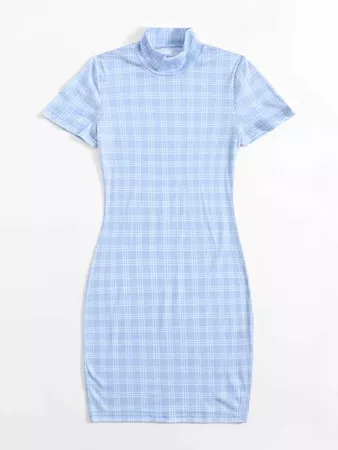 Mock-Neck Plaid Dress | SHEIN USA blue