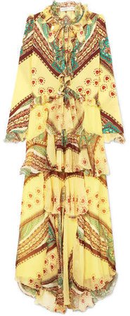 Ruffled Printed Silk-crepon And Crepe De Chine Maxi Dress - Yellow