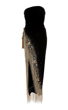 Oscar de la Renta- Strapless Gown With Fringe And Bead Embellishments