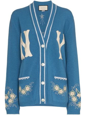 GUCCI Ny Yankees Mlb V-neck Wool Cardigan With Flower Appliques In Blue