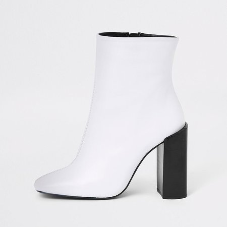 White leather square toe block heel boots | River Island