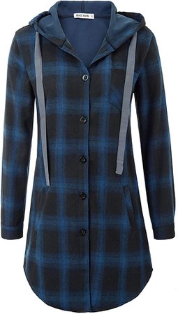 Women's Hooded Long Sleeve Plaids Buttoned Casual Checkered Flannel Shirt L Blue at Amazon Women’s Clothing store