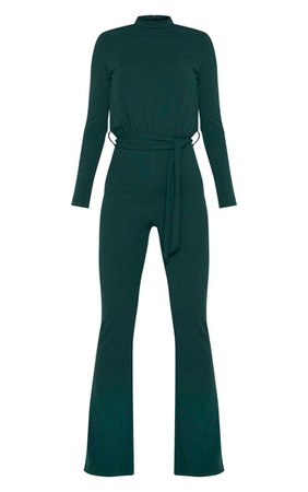 Tall Emerald Green High Neck Long Sleeve Scuba Flared Jumpsuit | PrettyLittleThing USA