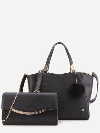 Black PU Pom Pom Trim Convertible Handbag With Chain Bag