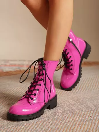 Neon Pink Side Zip Lace-up Front Combat Boots for Sale Australia| New Collection Online| SHEIN Australia