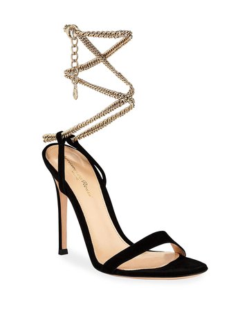 Gianvito Rossi Suede Sandals with Ankle Chain, Black | Neiman Marcus